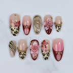 Full set 10 almond press-on nails leopard blossom burgundy nude on marble studio custom press-on nails — LuxepressCo