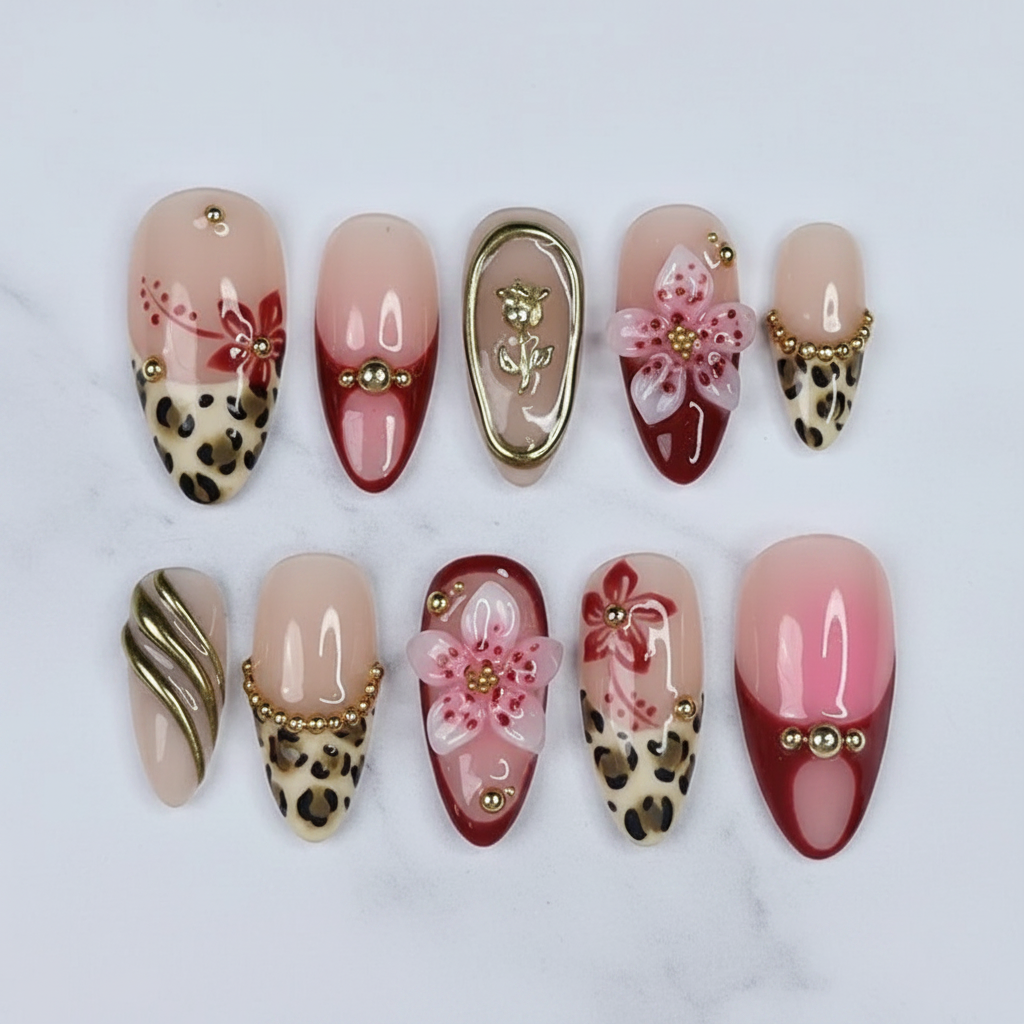 Full set 10 almond press-on nails leopard blossom burgundy nude on marble studio custom press-on nails — LuxepressCo