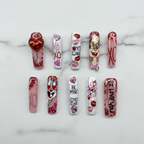 Valentine's Day XOXO hearts glitter long coffin custom press-on nails flat lay full set — LuxepressCo