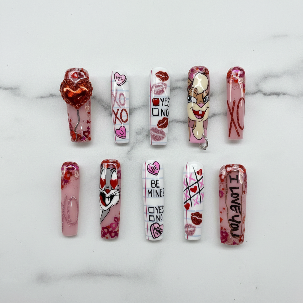 Valentine's Day XOXO hearts glitter long coffin custom press-on nails flat lay full set — LuxepressCo