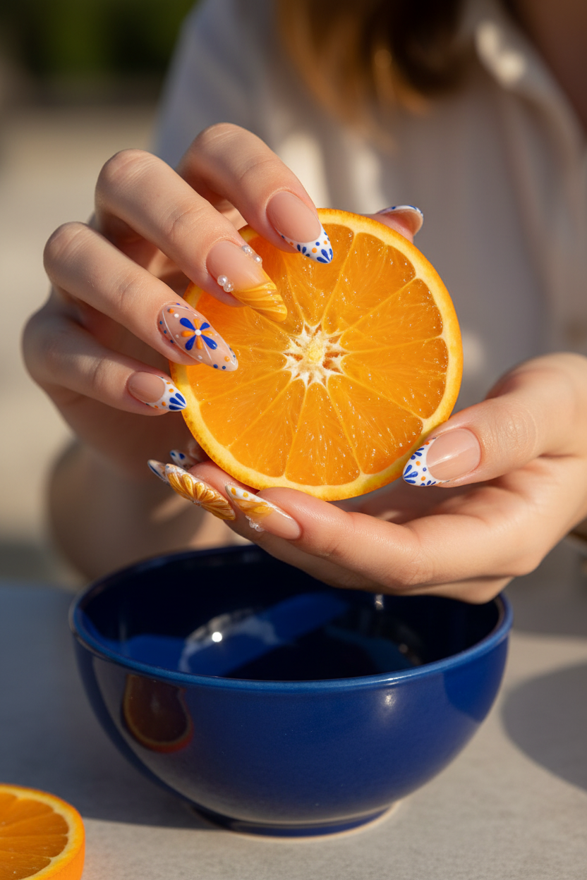 Fair skin hands wearing Amalfi Coast custom press-on nails holding fresh orange with blue ceramic bowl — LuxepressCo
