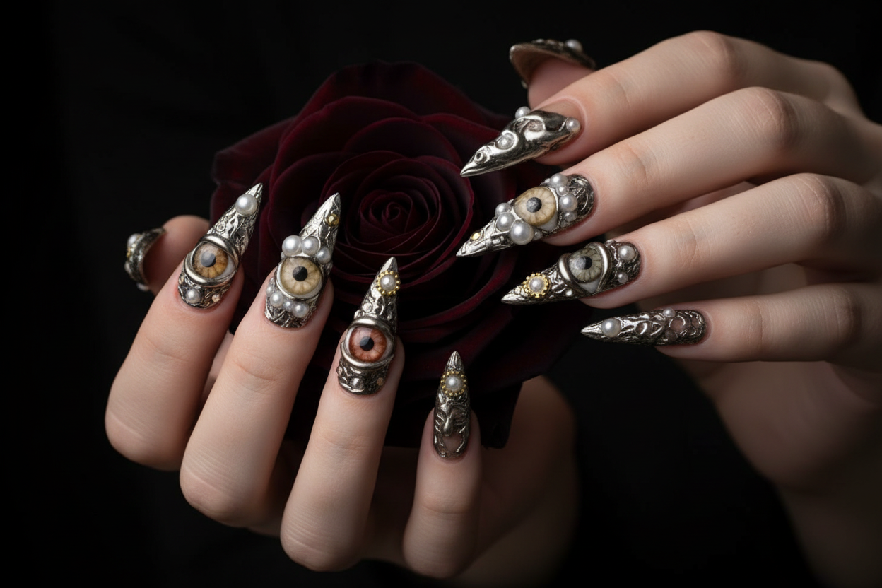 Fair-skin hands wearing steampunk biomechanical eyeball custom press-on nails holding dark burgundy-black rose — LuxepressCo