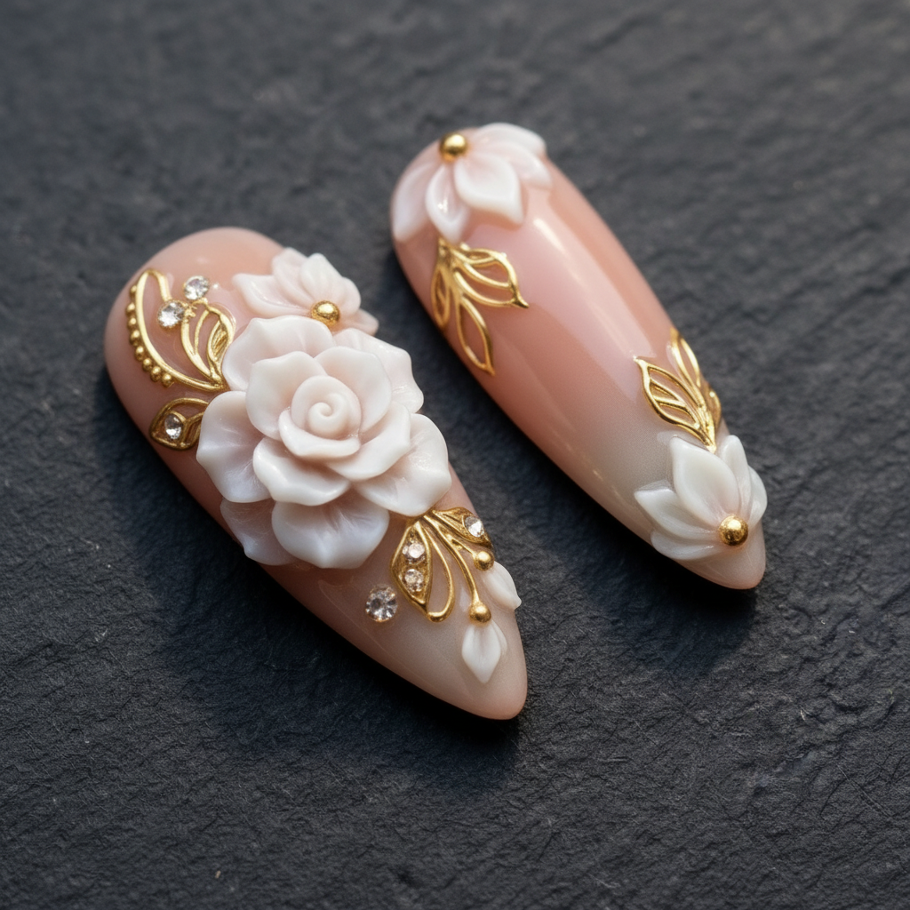 Macro close-up 3D white porcelain rose rhinestone custom press-on nails dramatic lighting — LuxepressCo