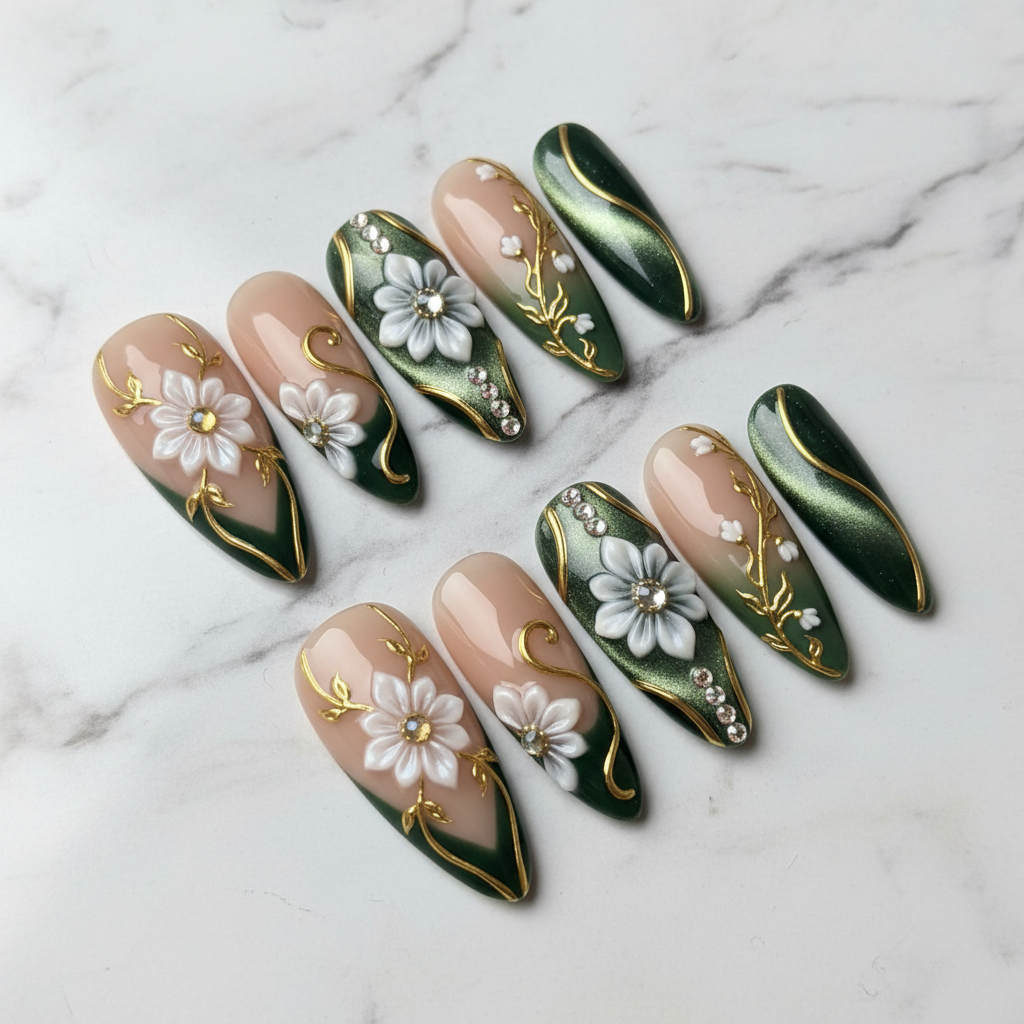 Full set 10 emerald green 3D floral custom press-on nails on marble background — LuxepressCo