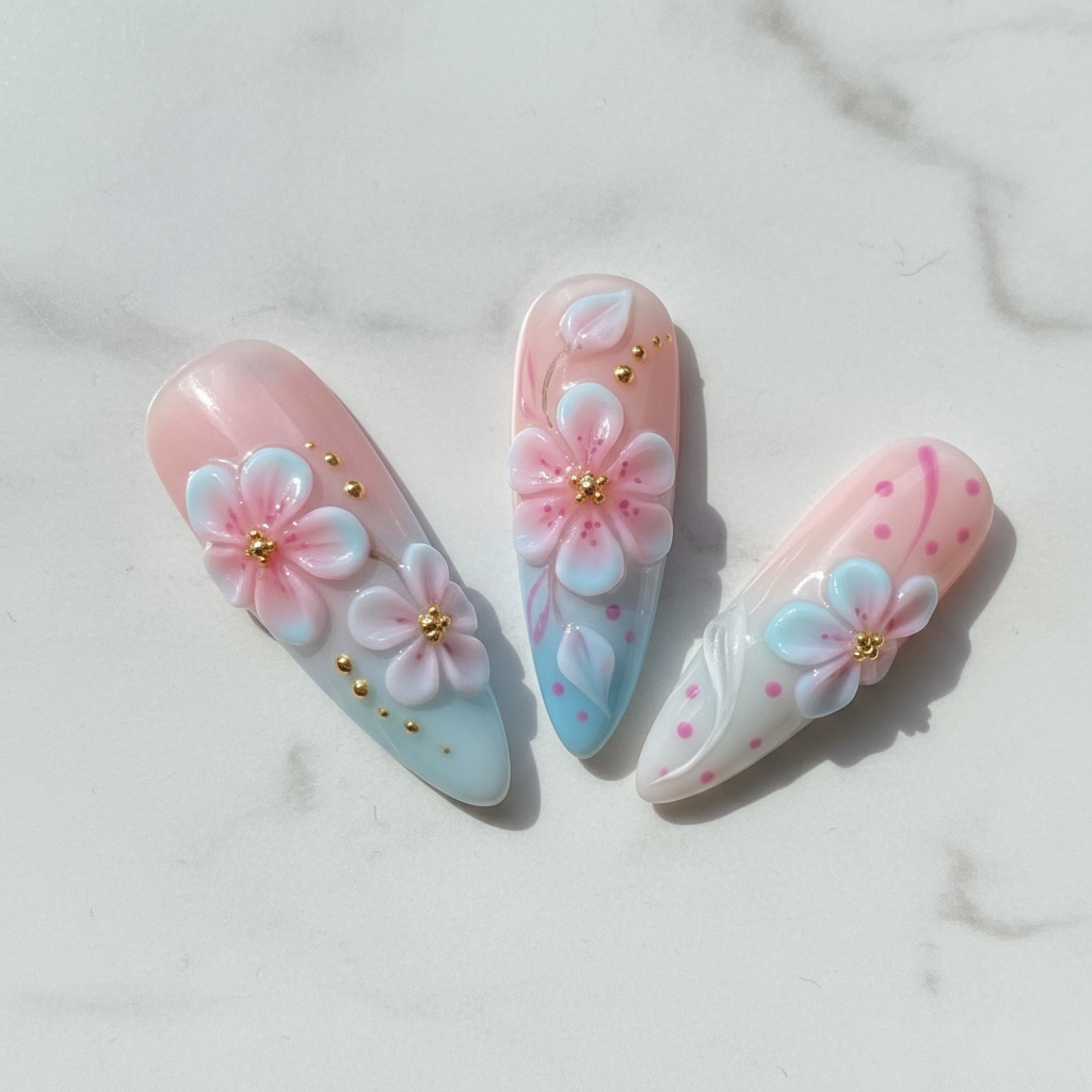 Macro close-up glossy texture cherry blossom pink polka dot swirl salon-quality nails reusable nails — LuxepressCo