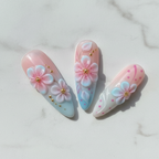 Macro close-up glossy texture cherry blossom pink polka dot swirl salon-quality nails reusable nails — LuxepressCo