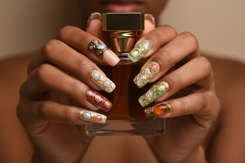 Dark skin hands holding amber perfume wearing baroque gold vine gemstone custom press-on nails — LuxepressCo
