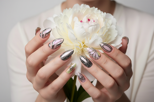 Fair-skin hands wearing aurora iridescent lotus custom press-on nails holding white peony flower — LuxepressCo