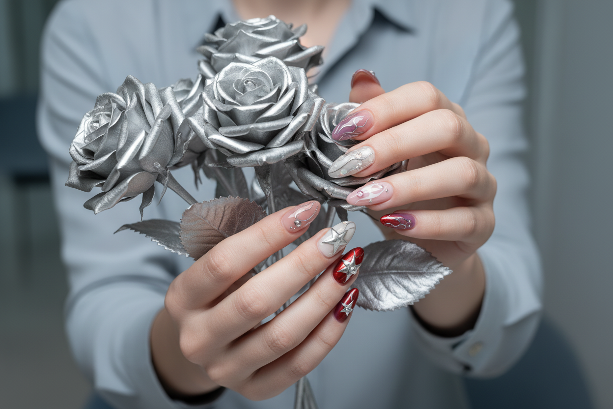 Fair-skin hands wearing chrome star silver flame Y2K almond custom press-on nails holding silver roses — LuxepressCo