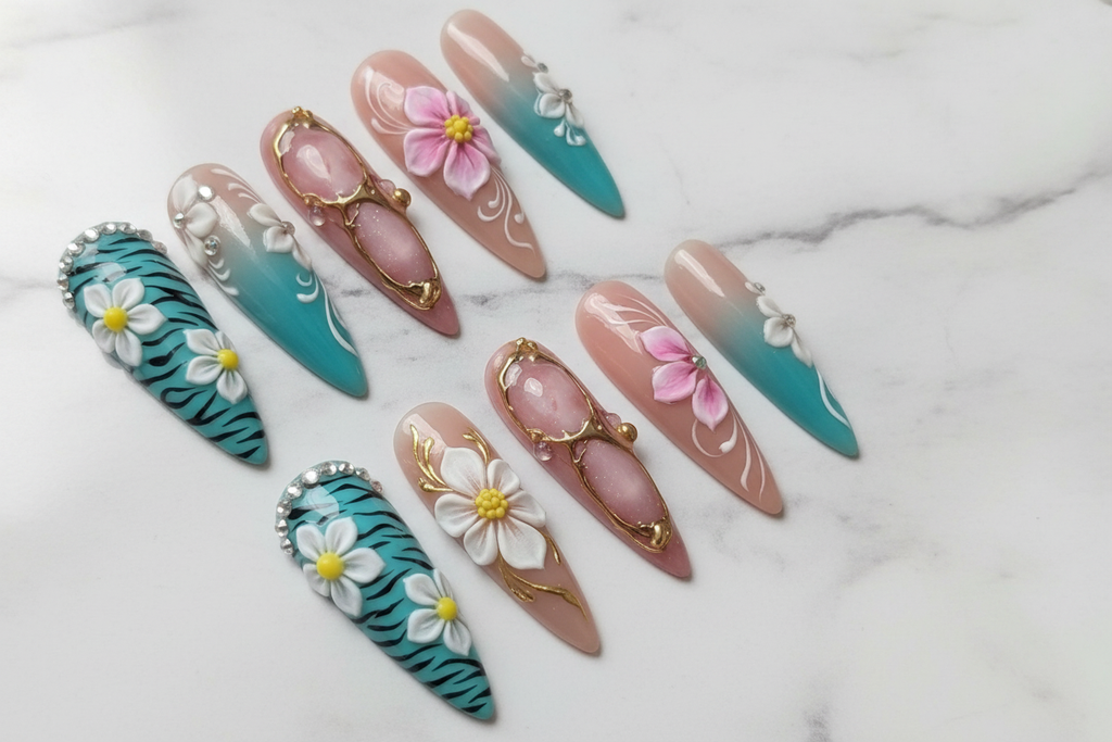 3D floral teal zebra custom press-on nails full set on marble — LuxepressCo