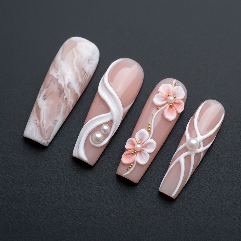 Macro close-up 3D pink cherry blossom flower and gold bead chain custom press-on nails nude pink — LuxepressCo