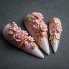 Close-up 3D pink rose and blossom gold metallic custom press-on nails rhinestone detail — LuxepressCo