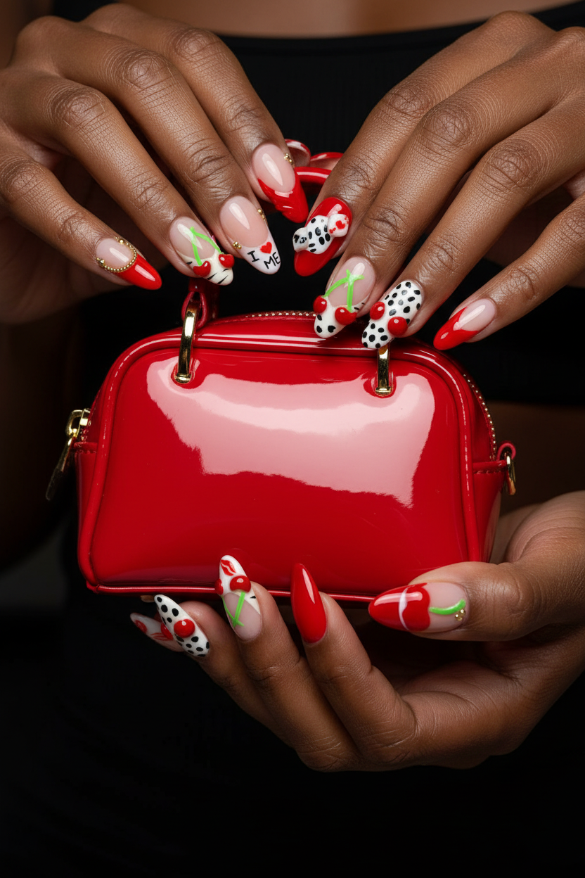 Dark skin hands wearing Y2K pop art I love me custom press-on nails holding red patent leather bag — LuxepressCo