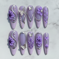 Lavender purple 3D floral silver butterfly press-on nails hero shot white marble studio custom press-on nails — LuxepressCo