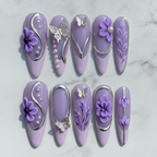Lavender purple 3D floral silver butterfly press-on nails hero shot white marble studio custom press-on nails — LuxepressCo