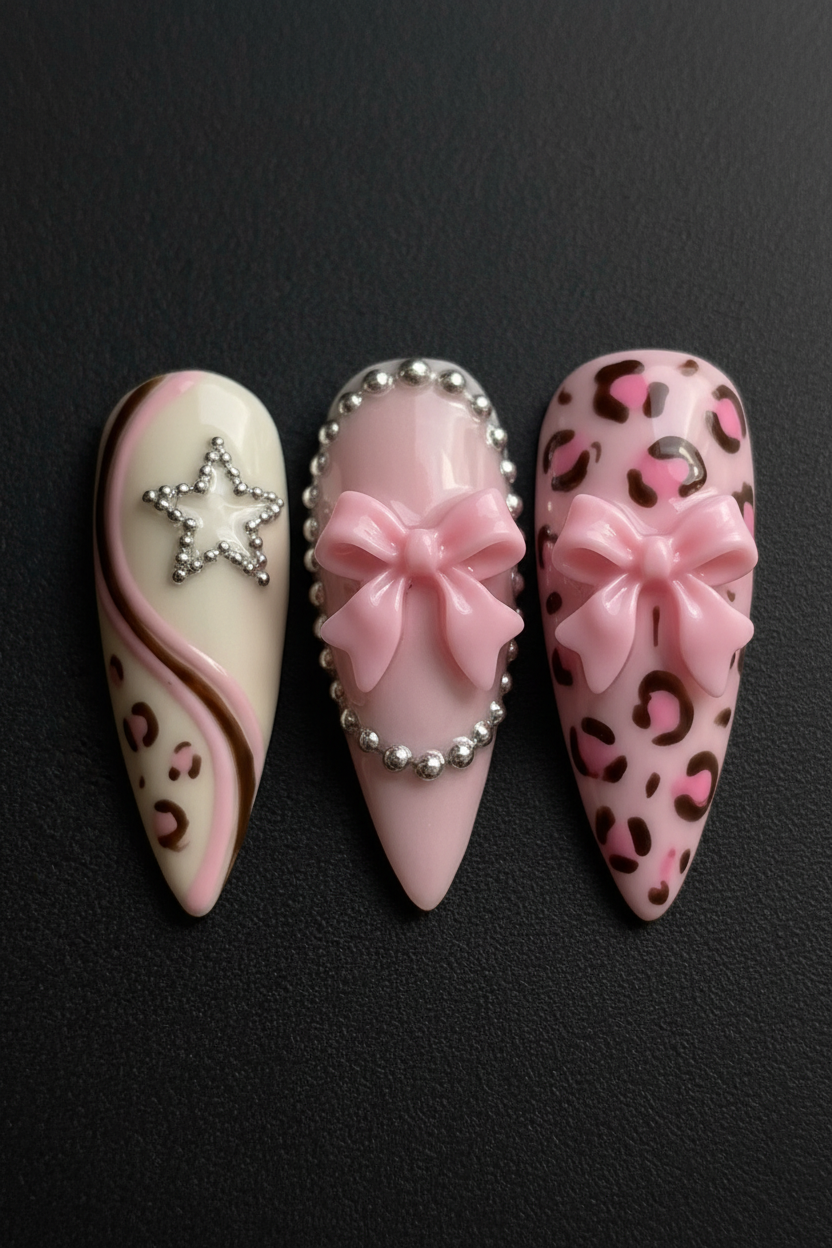 Close-up 3D pink bow rhinestone star stiletto custom press-on nails dramatic lighting — LuxepressCo