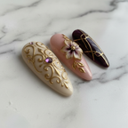 Macro blush pink 3D white floral gold vine custom press-on nails glossy finish — LuxepressCo