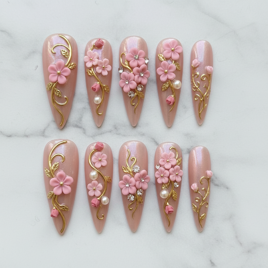 Flat lay top-down full set 10 pink floral gold vine custom press-on nails white marble — LuxepressCo