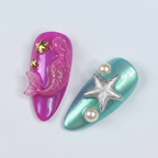 Macro close-up aurora chrome 3D pink mermaid and teal silver star salon-quality press-on nails — LuxepressCo