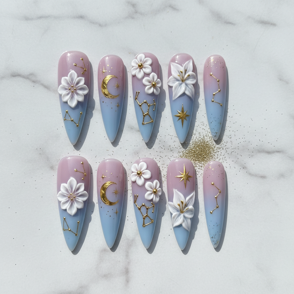 Flat lay top-down full set 10 celestial 3D flower moon constellation salon-quality nails white marble — LuxepressCo