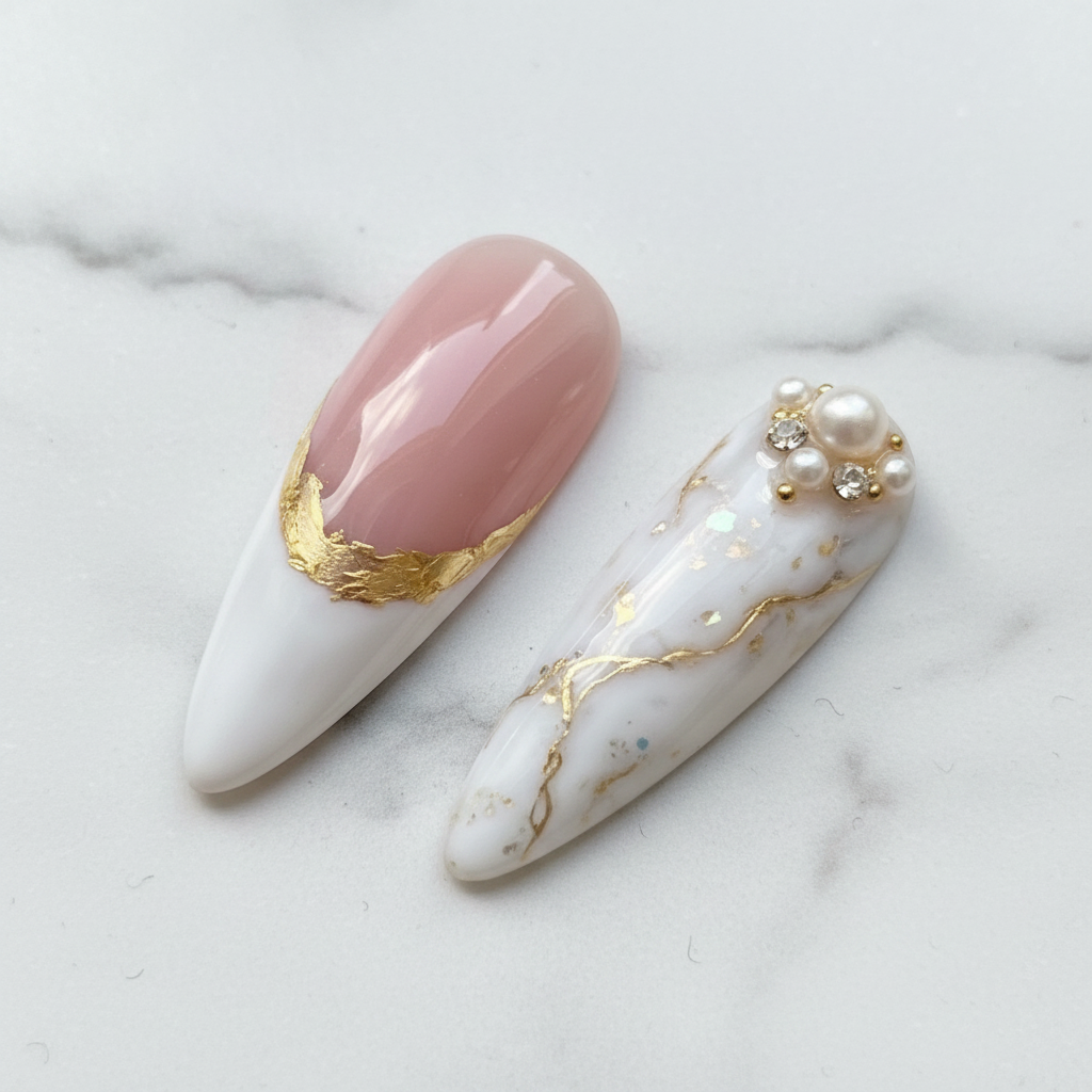 Macro close-up white marble gold veining pearl rhinestone custom press-on nails studio light — LuxepressCo