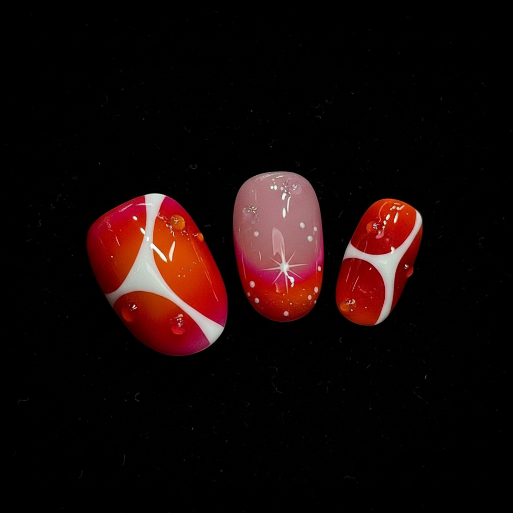 Close-up detail shot - Abstract Swirl Red Flame nail art