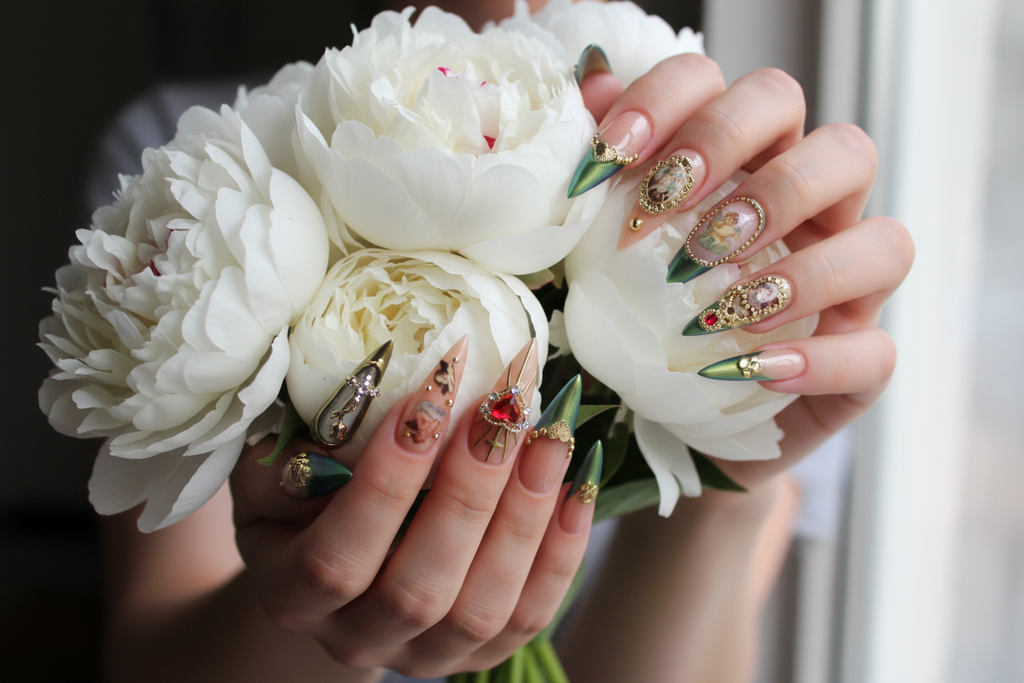 Fair-skin hands wearing cherub angel green chrome gold heart custom press-on nails holding white peonies — LuxepressCo