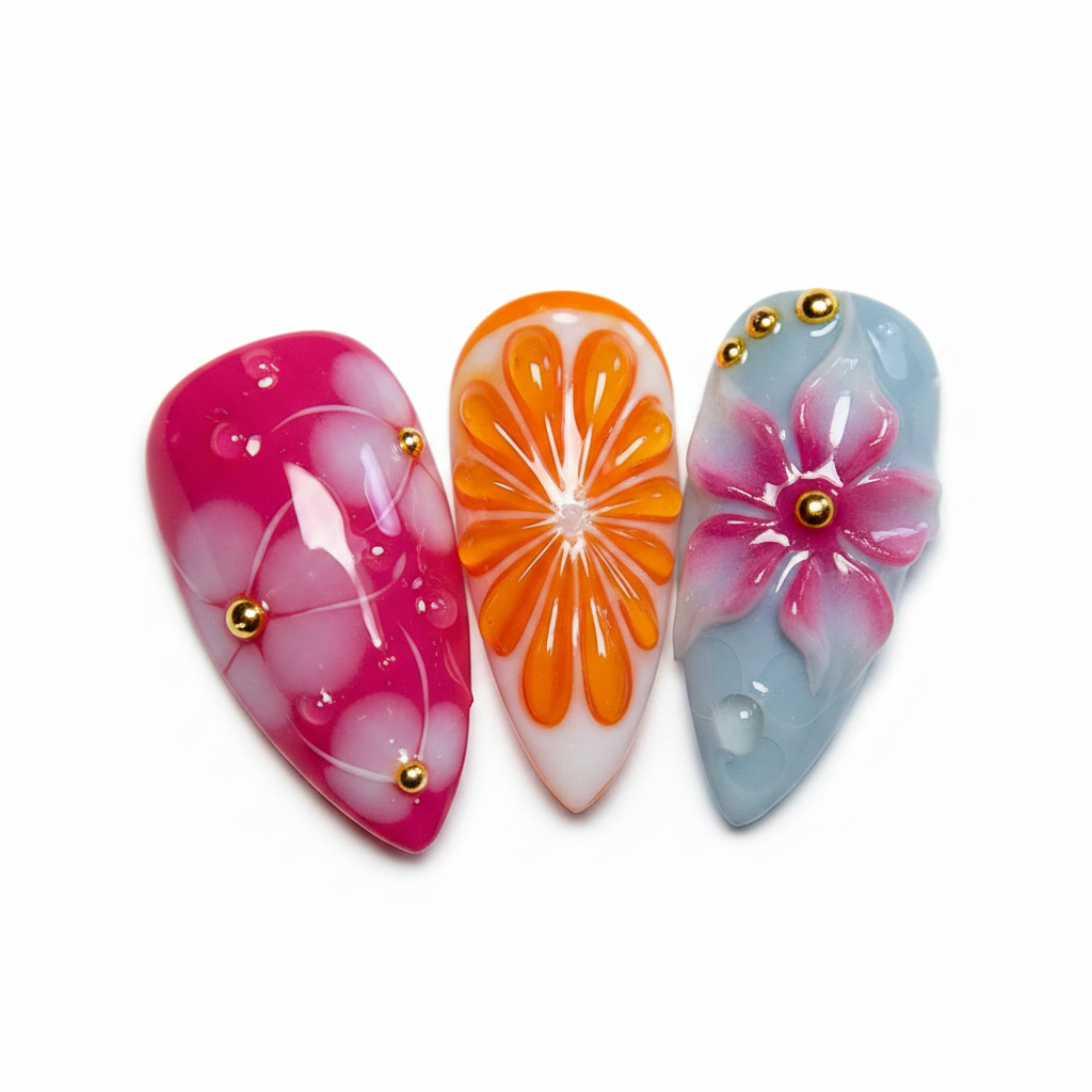 Macro close-up hot pink orange watercolor gradient orange citrus slice 3D pink flower blue-grey base gold bead nail art — LuxepressCo