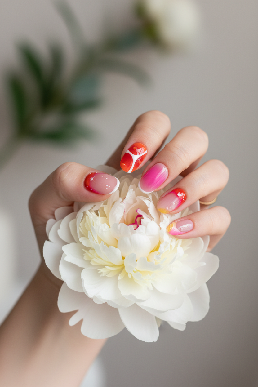 Lifestyle - fair skin hand wearing Abstract Swirl Red Flame nails