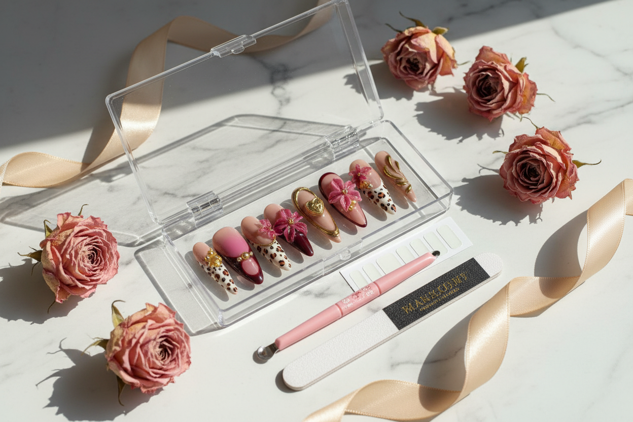 Luxury acrylic box unboxing leopard floral gold charm custom press-on nails with accessories — LuxepressCo