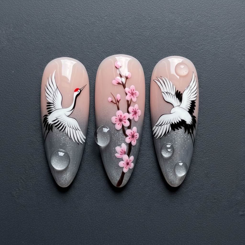 Macro close-up Japanese crane ink art custom press-on nails silver shimmer dramatic lighting — LuxepressCo