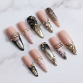 Dark luxury gothic black chrome gold ring 3D flower lace custom press-on nails stiletto full set flat lay — LuxepressCo