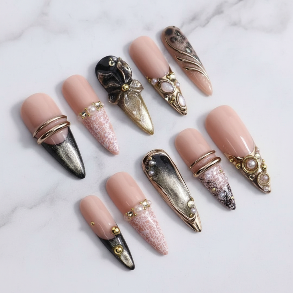 Dark luxury gothic black chrome gold ring 3D flower lace custom press-on nails stiletto full set flat lay — LuxepressCo