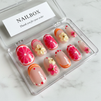 Full set 10 sheer pink jelly floral citrus 3D flower crystal custom press-on nails on marble — LuxepressCo