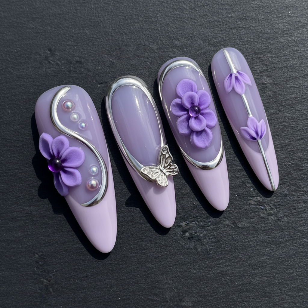 Macro close-up 3D purple flower butterfly charm pearl bead custom press-on nails dramatic lighting — LuxepressCo