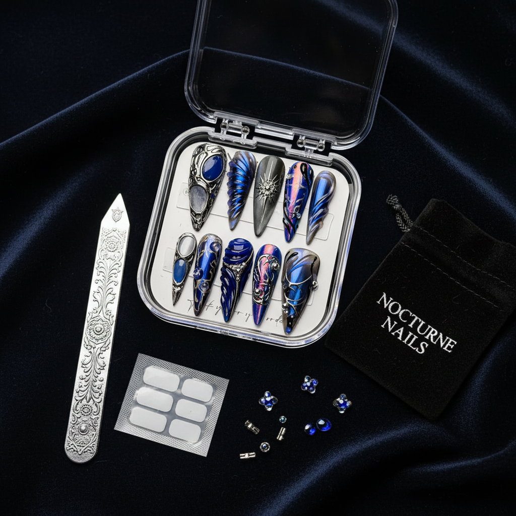 Luxury unboxing acrylic box sapphire blue chrome gothic gemstone reusable press-on nails — LuxepressCo