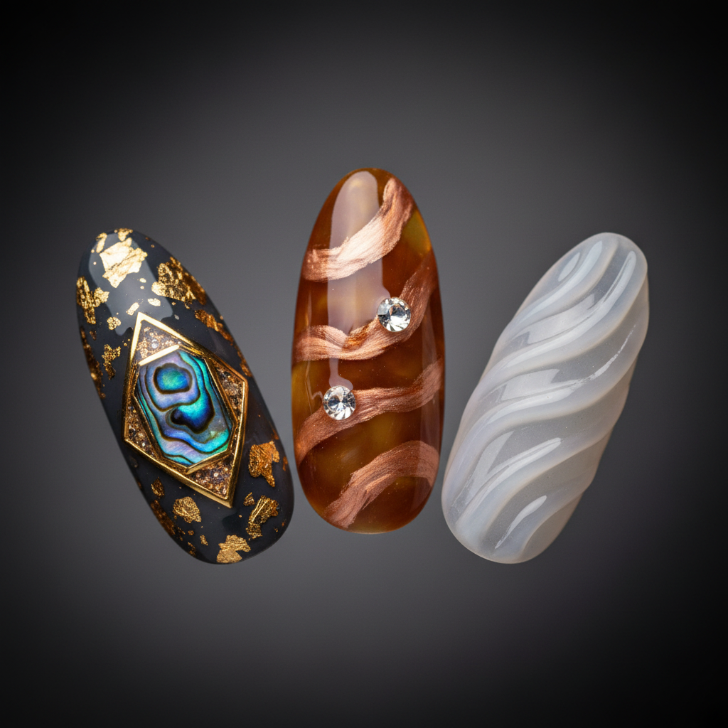 Macro close-up tortoiseshell amber 3D swirl abalone gold foil crystal rhinestone press-on nails — custom press-on nails brown amber — LuxepressCo