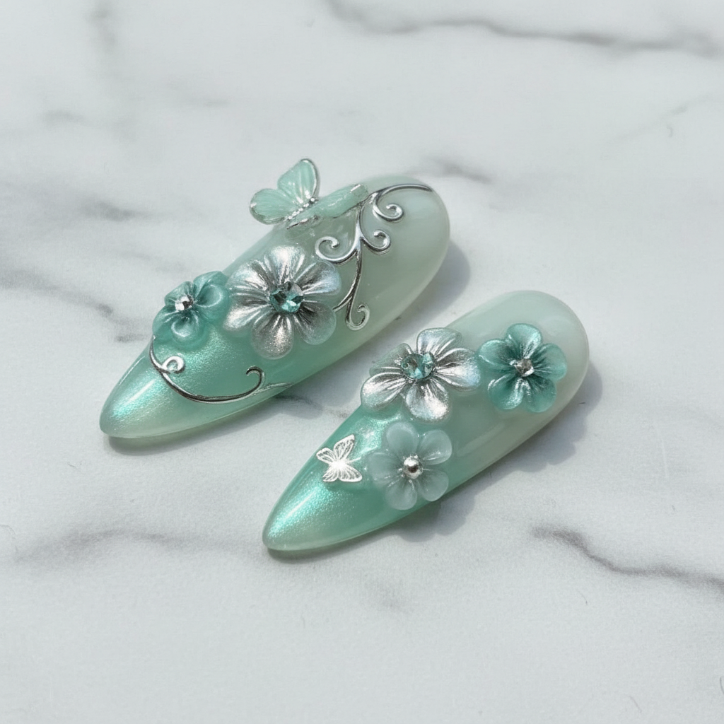 Macro silver vine swirl 3D mint flower clusters butterfly silhouette almond reusable nails marble — LuxepressCo