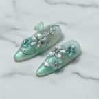 Macro silver vine swirl 3D mint flower clusters butterfly silhouette almond reusable nails marble — LuxepressCo