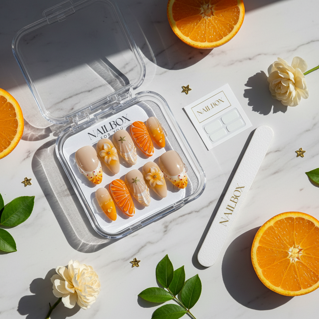 Luxury unboxing acrylic nail box nude orange citrus flower gold star press-on nails with orange and cream flower props — LuxepressCo