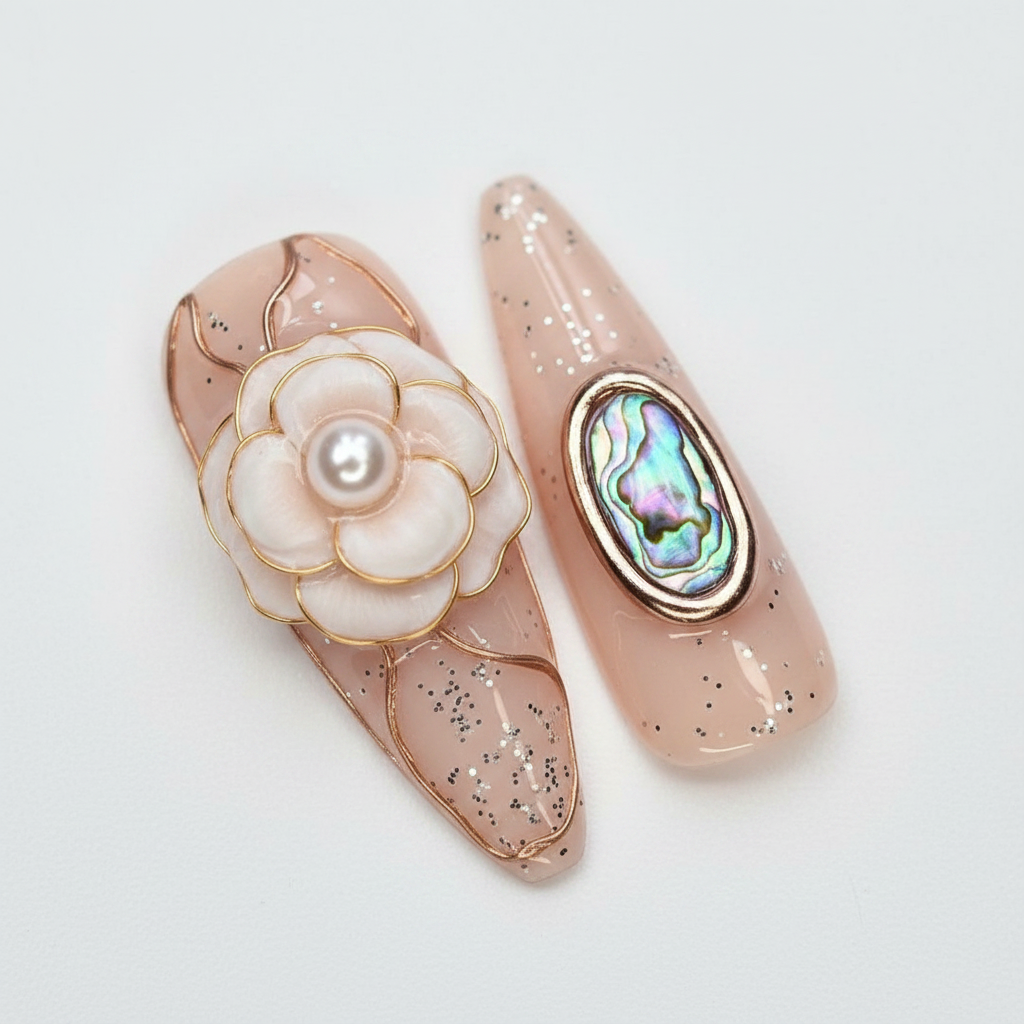 Macro close-up 3D camellia flower and rose gold shell frame salon-quality press-on nails nude base — LuxepressCo