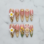 Flat lay top-down full set 10 3D floral gold pearl custom press-on nails blush pink — LuxepressCo
