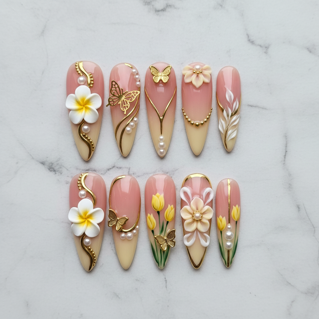 Flat lay top-down full set 10 3D floral gold pearl custom press-on nails blush pink — LuxepressCo