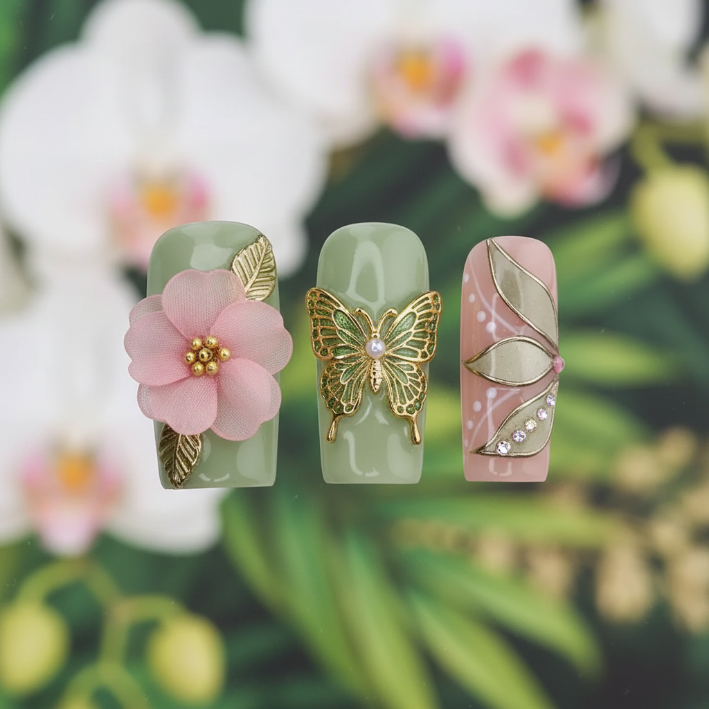 Macro close-up 3D gold enamel butterfly pink chiffon flower leaf vine custom press-on nails sage green nude peach — LuxepressCo