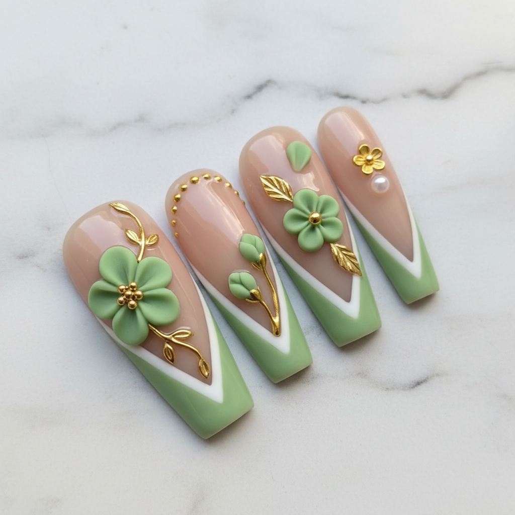 Close-up sage green floral press-on nails glossy texture gold leaf pearl accent white marble — LuxepressCo