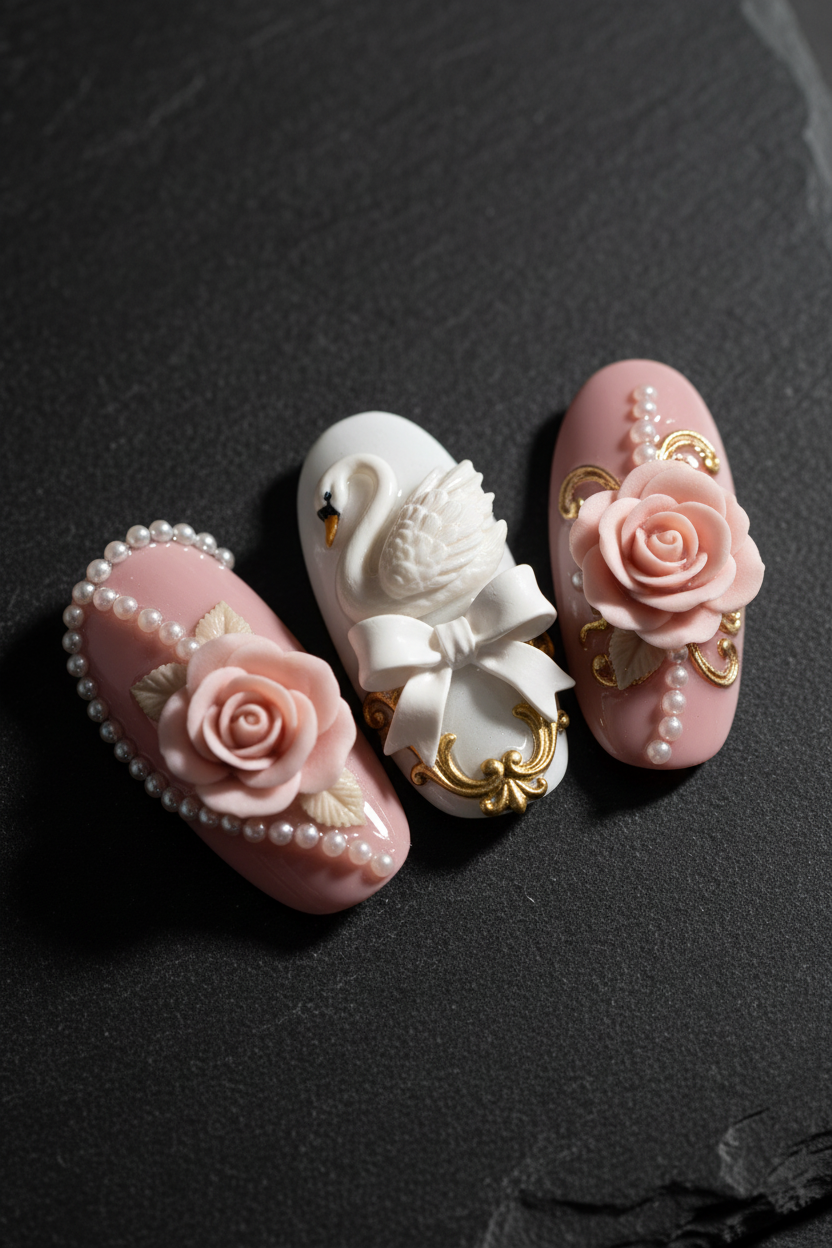 Macro close-up 3D sculpted pink rose white swan gold baroque ornament pearl press-on nails dramatic lighting custom press-on nails — LuxepressCo