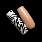 Macro close-up black botanical swirl feather art white base nude peach custom press-on nails square — LuxepressCo