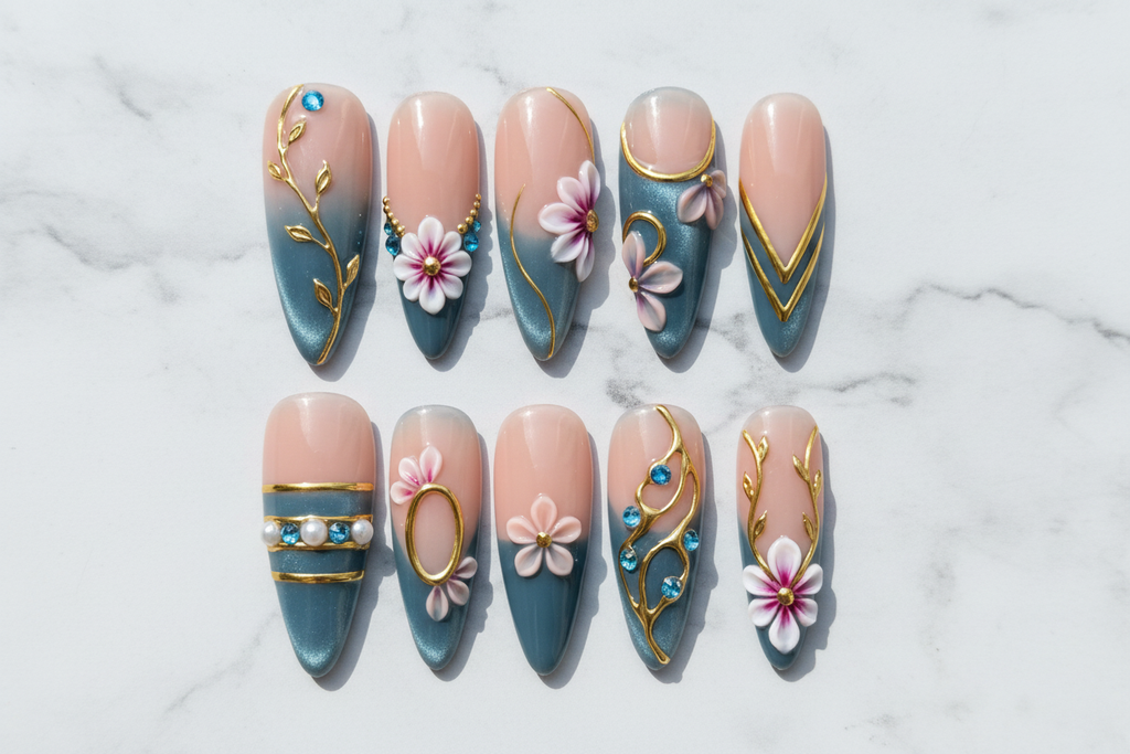 Flat lay top-down full set 10 luxury 3D floral reusable press-on nails blue teal gold — LuxepressCo