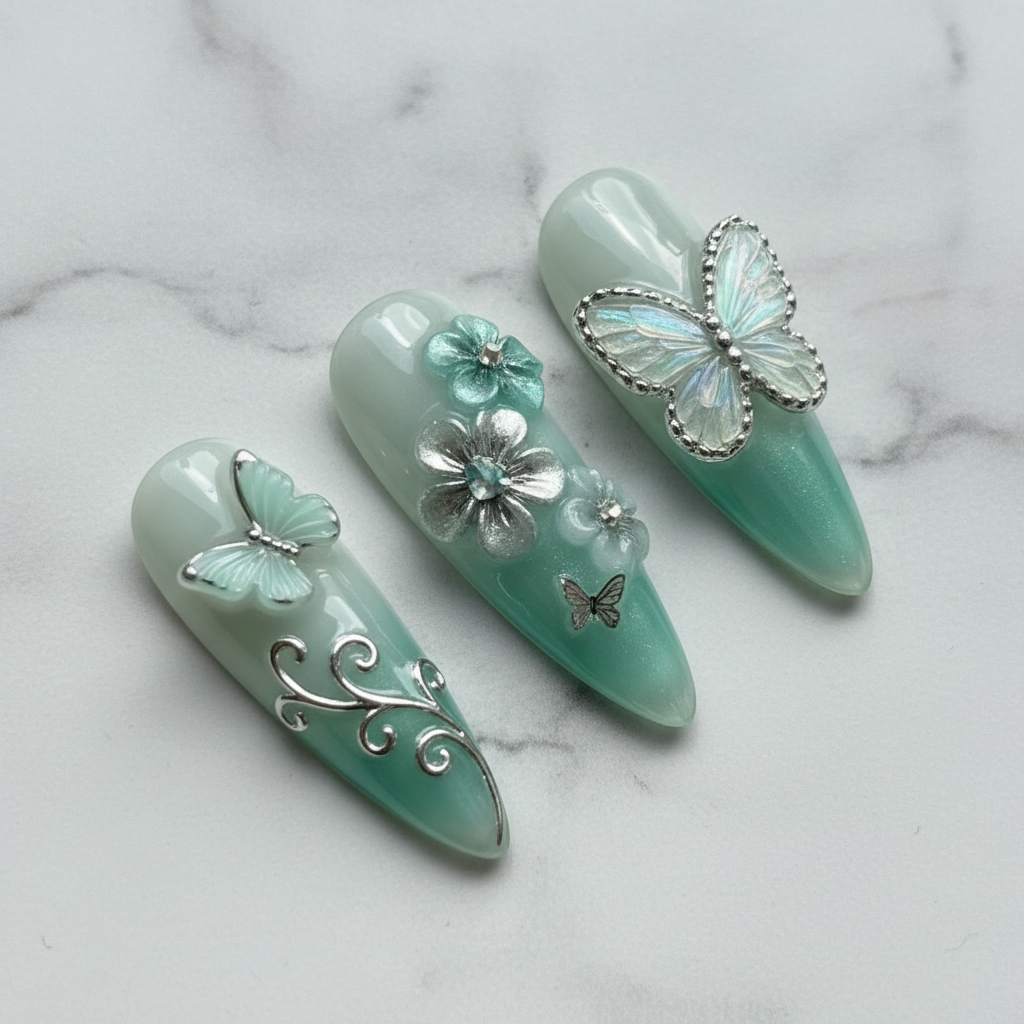 Close-up silver vine swirl 3D flower mint green salon-quality press-on nails marble background — LuxepressCo