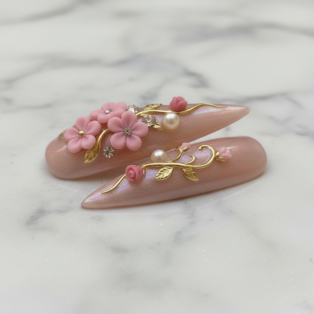 Close-up texture gloss 3D floral gold vine pearl stiletto salon-quality nails marble — LuxepressCo